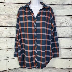 Knox Rose Women’s Plaid Button Down Tunic Shirt Size M Blue Rust Long Sleeve Top